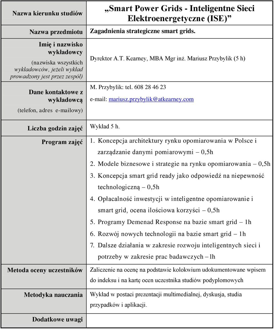 Modele biznesowe i strategie na rynku opomiarowania 0,5h 3. Koncepcja smart grid ready jako odpowiedź na niepewność technologiczną 0,5h 4.