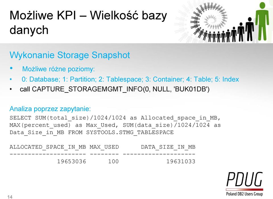 SUM(total_size)/1024/1024 as Allocated_space_in_MB, MAX(percent_used) as Max_Used, SUM(data_size)/1024/1024 as Data_Size_in_MB