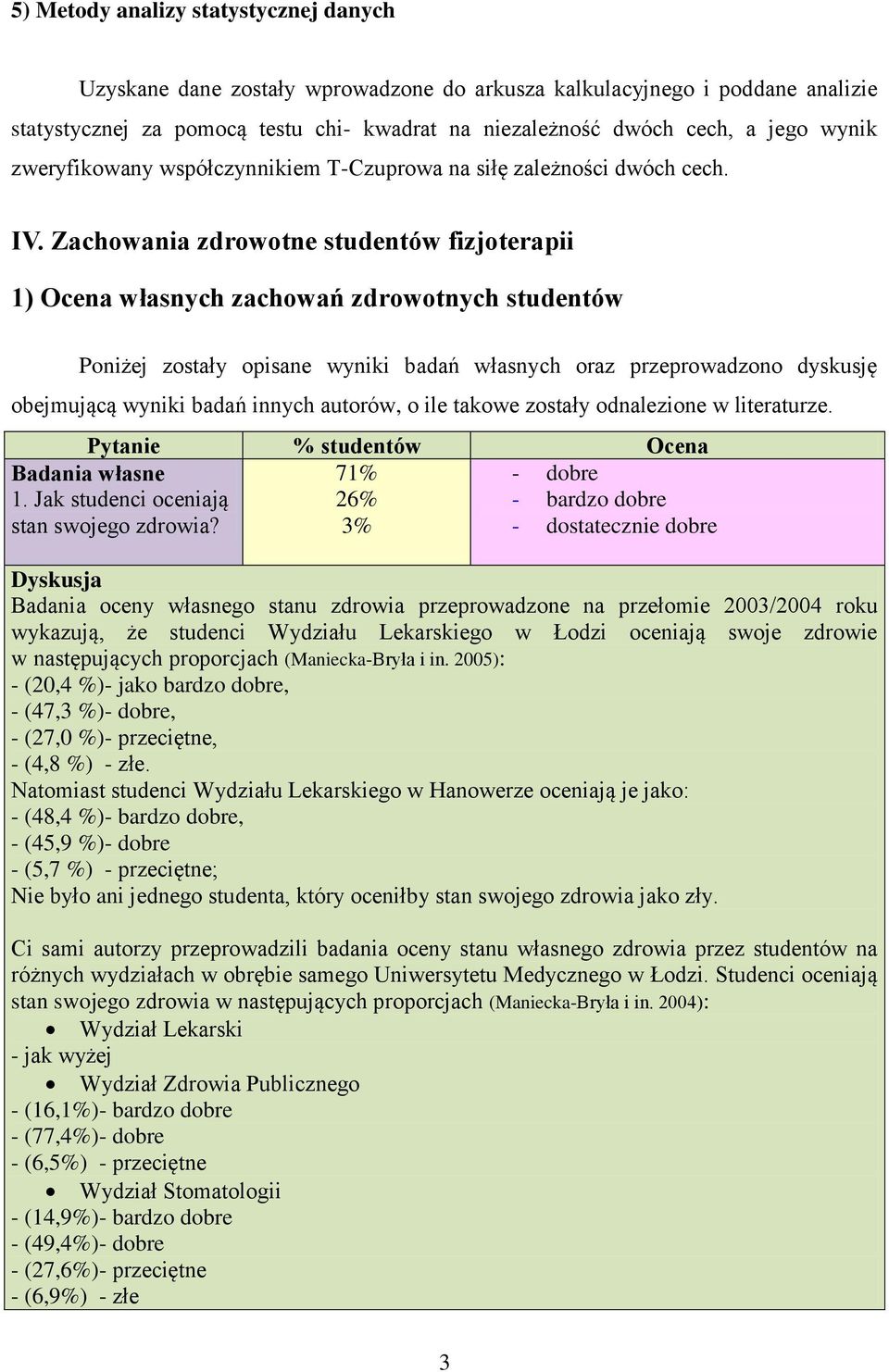 Zachowania zdrowotne studentów fizjoterapii 1) Ocena własnych zachowań zdrowotnych studentów Poniżej zostały opisane wyniki badań własnych oraz przeprowadzono dyskusję obejmującą wyniki badań innych