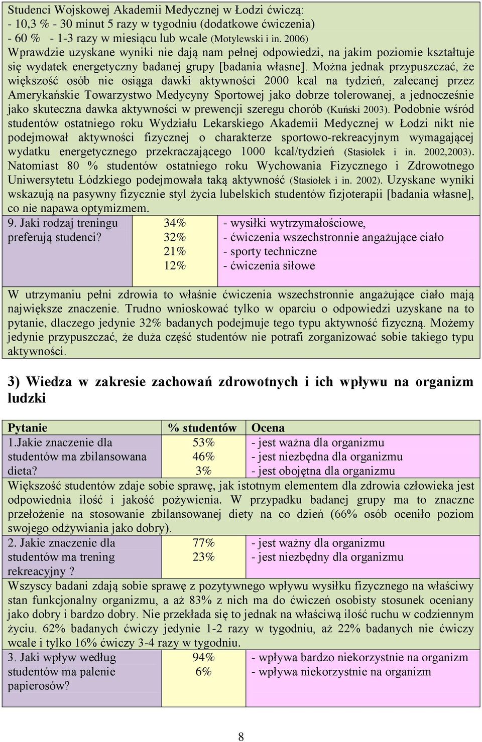 Można jednak przypuszczać, że większość osób nie osiąga dawki aktywności 2000 kcal na tydzień, zalecanej przez Amerykańskie Towarzystwo Medycyny Sportowej jako dobrze tolerowanej, a jednocześnie jako