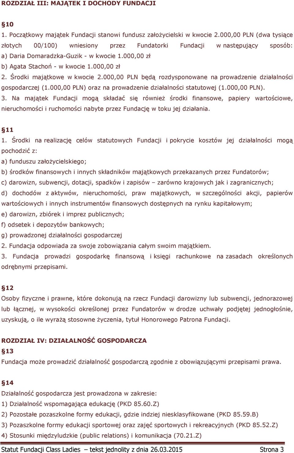 Środki majątkowe w kwocie 2.000,00 PLN będą rozdysponowane na prowadzenie działalności gospodarczej (1.000,00 PLN) oraz na prowadzenie działalności statutowej (1.000,00 PLN). 3.