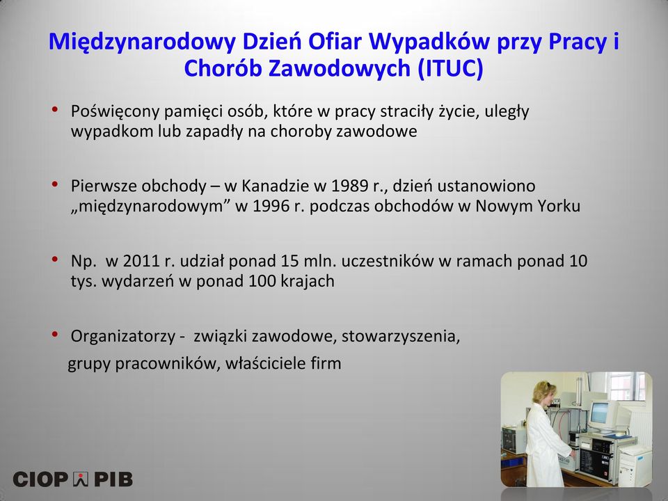 , dzień ustanowiono międzynarodowym w 1996 r. podczas obchodów w Nowym Yorku Np. w 2011 r. udział ponad 15 mln.