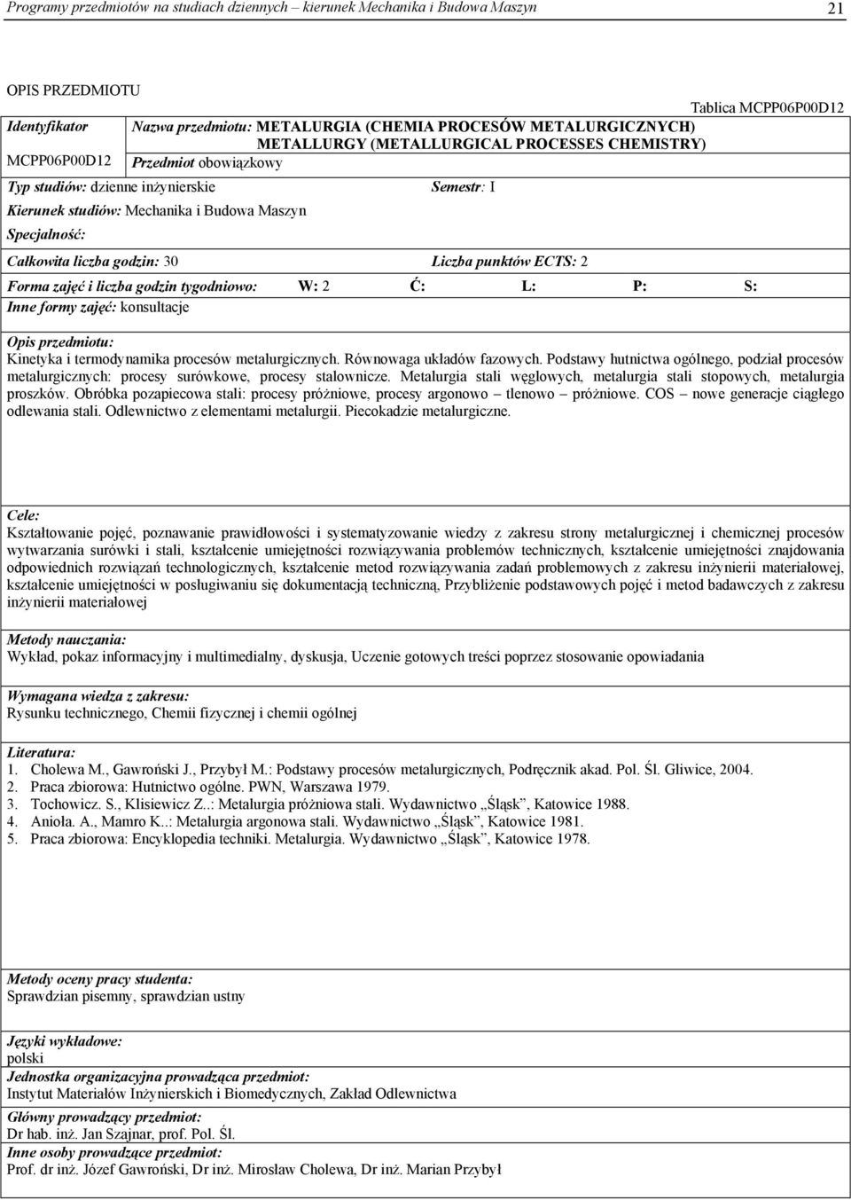 konsultacje Kinetyka i termodynamika procesów metalurgicznych. Równowaga układów fazowych. Podstawy hutnictwa ogólnego, podział procesów metalurgicznych: procesy surówkowe, procesy stalownicze.