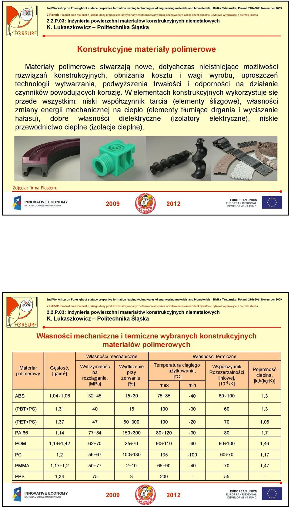 W elementach konstrukcyjnych wykorzystuje się przede wszystkim: niski współczynnik tarcia (elementy ślizgowe), własności zmiany energii mechanicznej na ciepło (elementy tłumiące drgania i wyciszanie