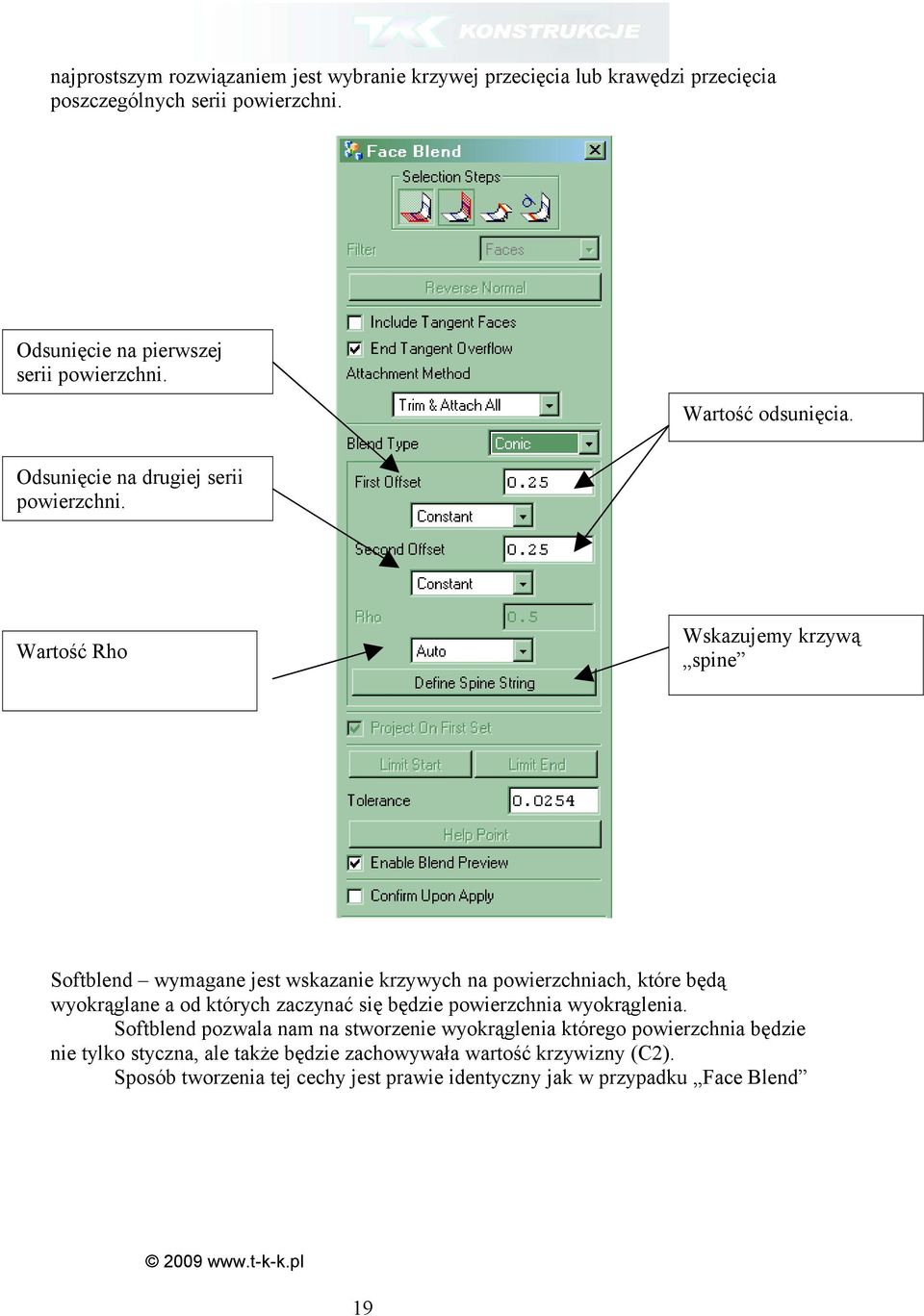 Wartość Rho Wskazujemy krzywą spine Softblend wymagane jest wskazanie krzywych na powierzchniach, które będą wyokrąglane a od których zaczynać się będzie