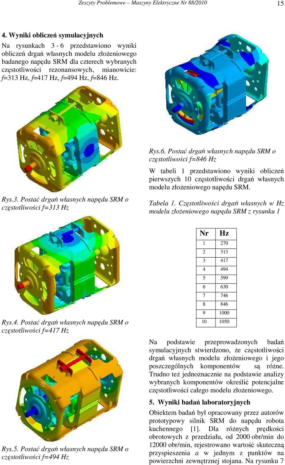 Hz, f=494 Hz, f=846 Hz. Rys.3. Postać drgań własnych napędu SRM o częstotlwośc f=313 Hz Rys.6. Postać drgań własnych napędu SRM o częstotlwośc f=846 Hz W tabel 1 przedstawono wynk oblczeń perwszych 10 częstotlwośc drgań własnych modelu złoŝenowego napędu SRM.