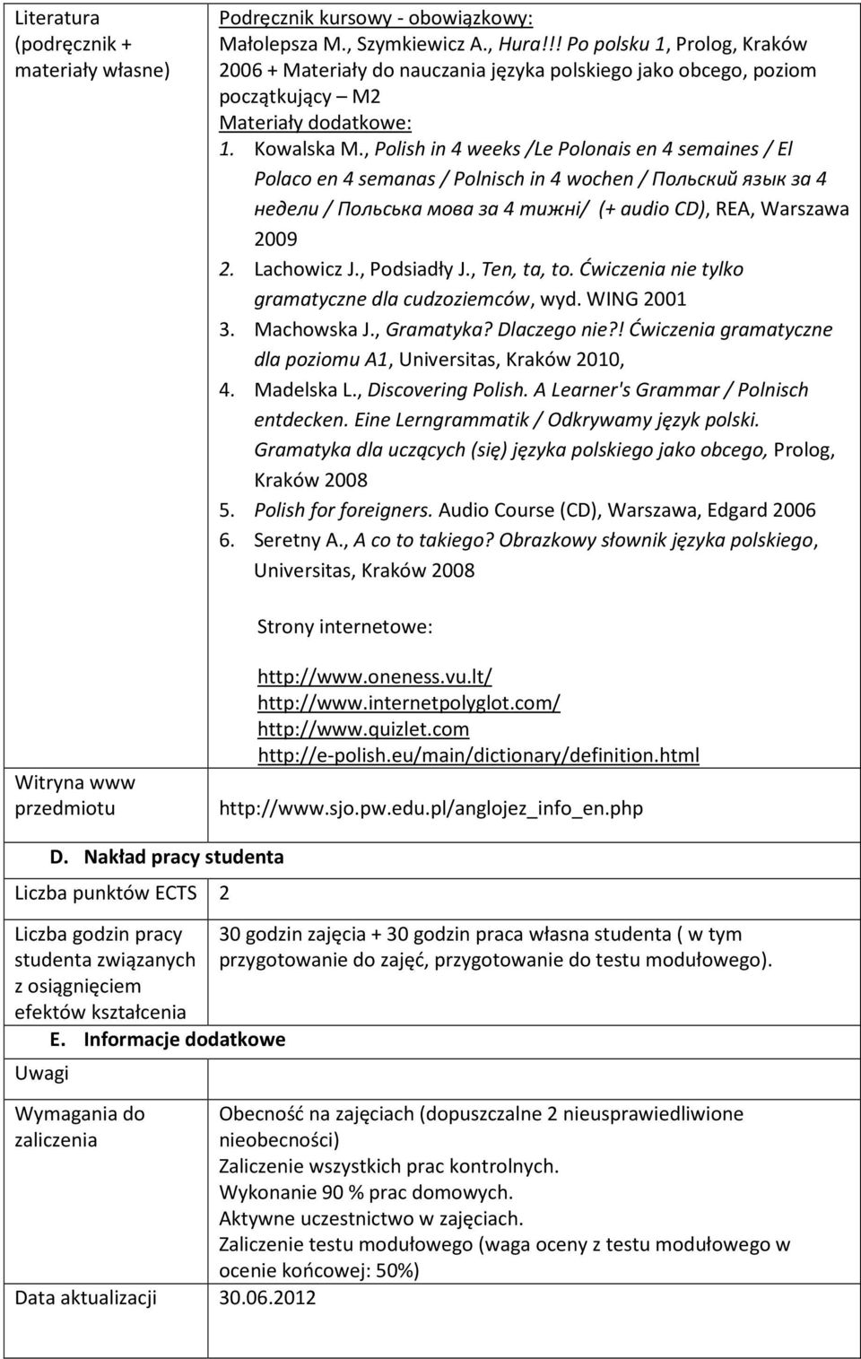 , Polish in 4 weeks /Le Polonais en 4 semaines / El Polaco en 4 semanas / Polnisch in 4 wochen / Польский язык за 4 недели / Польськa мовa за 4 тижні/ (+ audio CD), REA, Warszawa 2009 2. Lachowicz J.