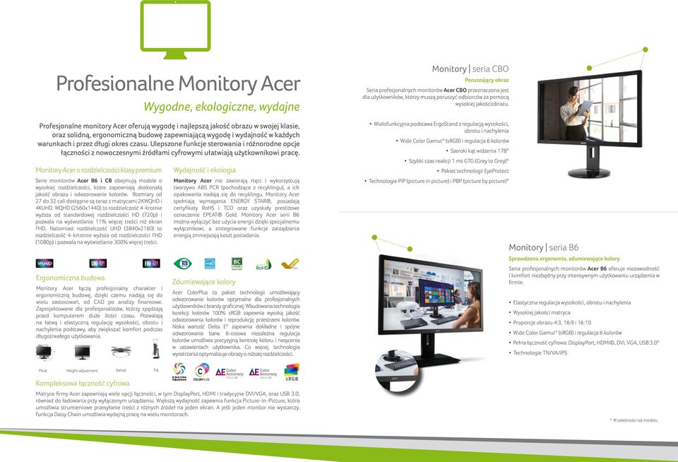Monitory Acer o rozdzielczości klasy premium Serie monitorów Acer B6 i CB obejmują modele o wysokiej rozdzielczości, które zapewniają doskonałą jakość obrazu i odwzorowanie kolorów.