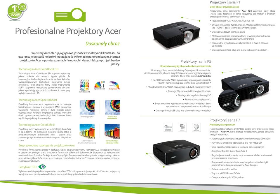 Rozdzielczość SVGA, WXGA, WGA lub Full HD 5 Profesionalne Projektory Acer Doskonały obraz Projektory Acer oferują wyjątkową jasność i współczynnik kontrastu, co gwarantuje czystość kolorów i lepszą