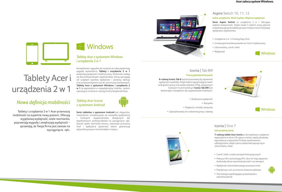 Tablety Acer z systemem Windows i urządzenia 2 w 1 Urządzenia 2 w 1 z funkcją Easy Click Innowacyjna budowa pozwala na 4 lub 5 trybów pracy Ultramobilny, cienki i lekki Wydajność Tablety Acer i