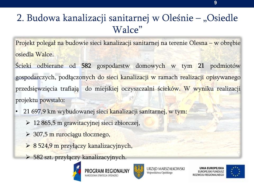 Ścieki odbierane od 582 gospodarstw domowych w tym 21 podmiotów gospodarczych, podłączonych do sieci kanalizacji w ramach realizacji opisywanego