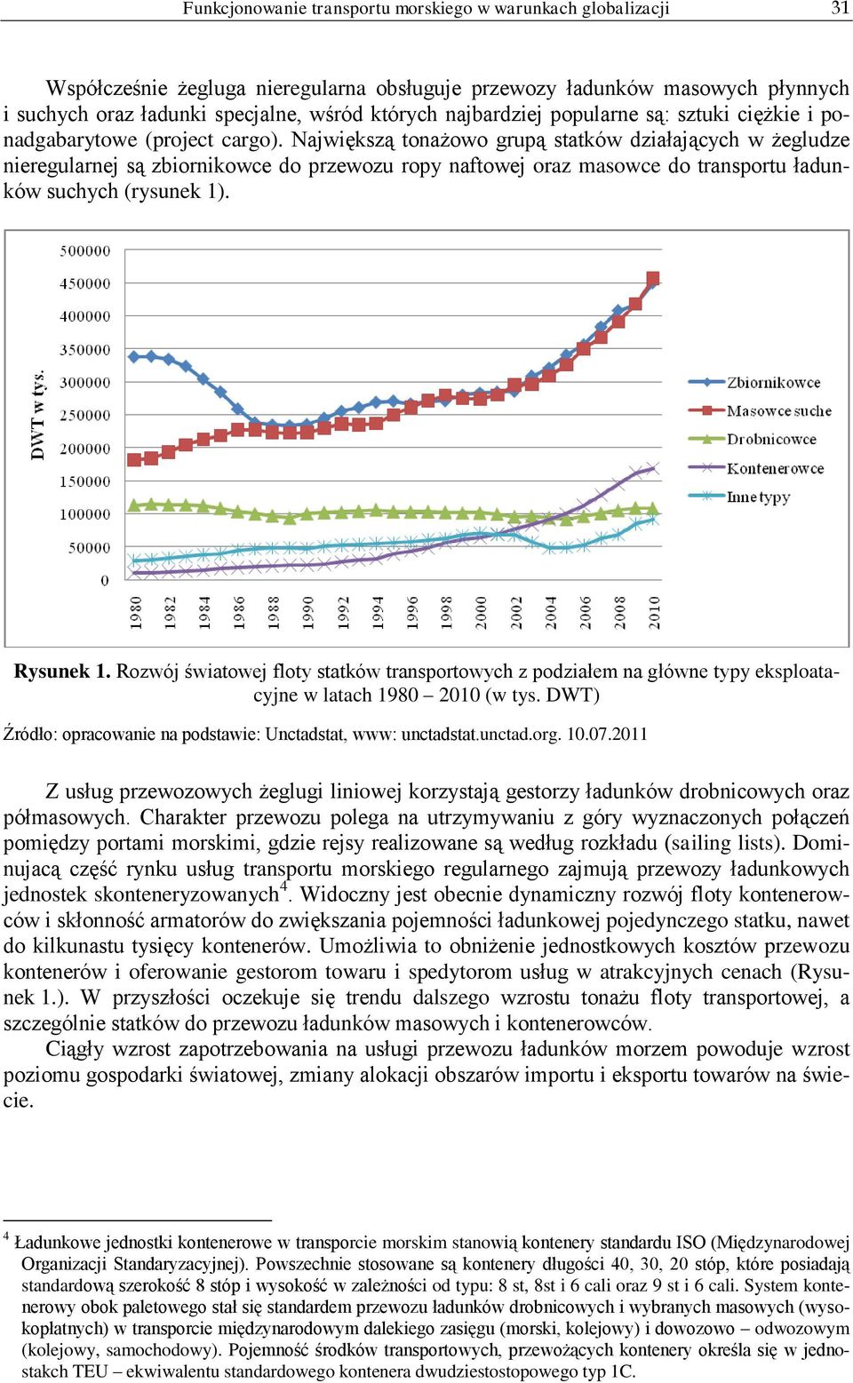 Największą tonażowo grupą statków działających w żegludze nieregularnej są zbiornikowce do przewozu ropy naftowej oraz masowce do transportu ładunków suchych (rysunek 1). Rysunek 1.