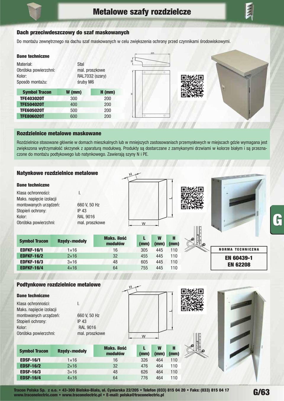 proszkowe RAL7032 (szary) śruby M6 50 225 W (mm) H (mm) TFE403020T 300 200 TFE504020T 400 200 TFE605020T 500 200 TFE806020T 600 200 W Rozdzielnice metalowe maskowane Rozdzielnice stosowane głównie w