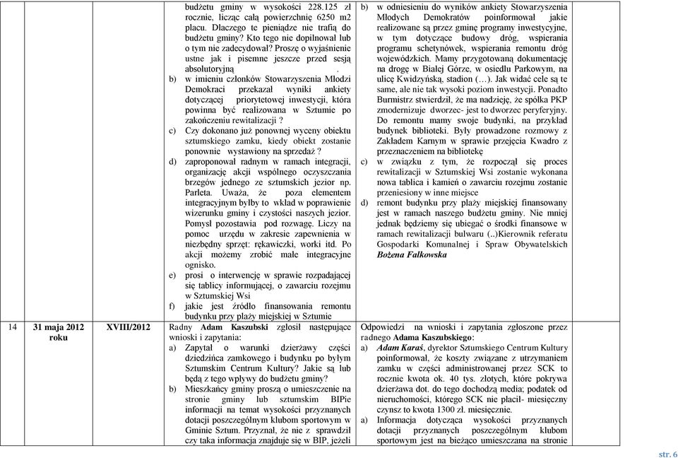 b) w imieniu członków Stowarzyszenia Młodzi Demokraci przekazał wyniki ankiety dotyczącej priorytetowej inwestycji, która powinna być realizowana w Sztumie po zakończeniu rewitalizacji?