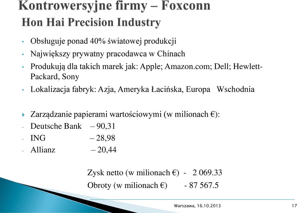 com; Dell; Hewlett- Packard, Sony Lokalizacja fabryk: Azja, Ameryka Łacińska, Europa Wschodnia