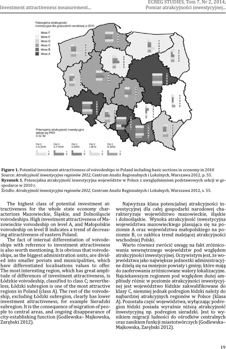 Warszawa 2012, p. 55. Rysunek 1. Potencjalna atrakcyjność inwestycyjna województw w Polsce z uwzględnieniem podstawowych sekcji w gospodarce w 2010 r.