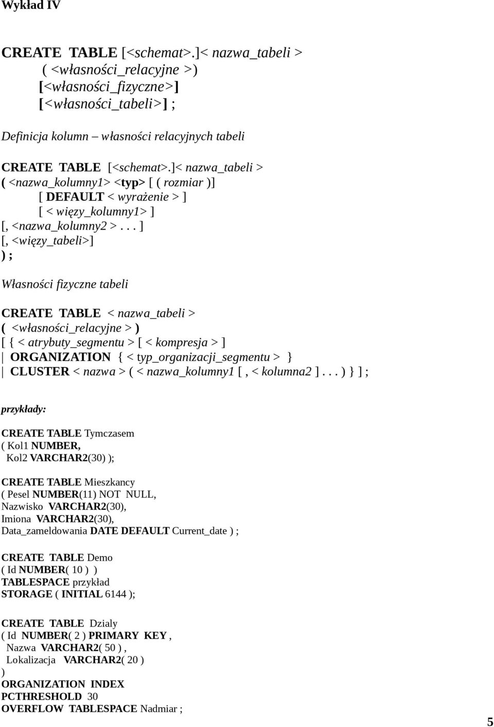 .. ] [, <więzy_tabeli>] ) ; Własności fizyczne tabeli CREATE TABLE < nazwa_tabeli > ( <własności_relacyjne > ) [ { < atrybuty_segmentu > [ < kompresja > ] ORGANIZATION { < typ_organizacji_segmentu >