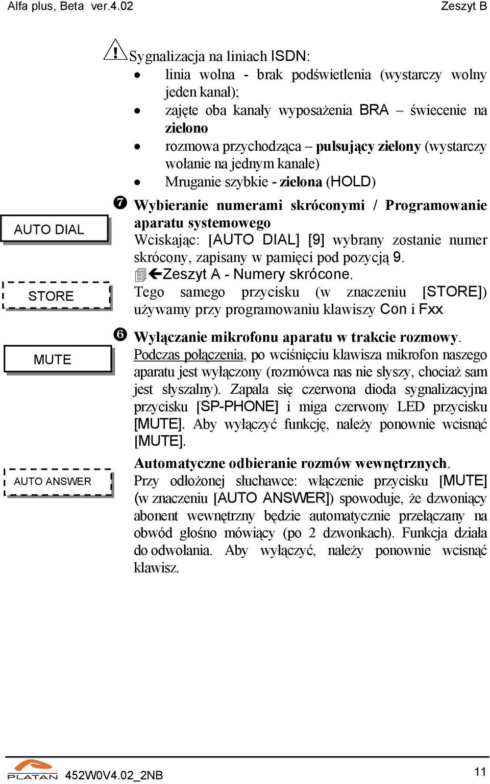 (wystarczy wołanie na jednym kanale) Mruganie szybkie - zielona (HOLD) Wybieranie numerami skróconymi / Programowanie aparatu systemowego AUTO DIAL Wciskając: [AUTO DIAL] [9] wybrany zostanie numer