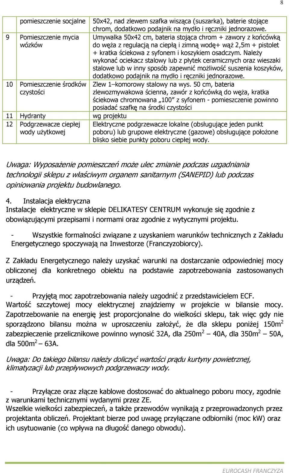 osadczym. Należy wykonać ociekacz stalowy lub z płytek ceramicznych oraz wieszaki stalowe lub w inny sposób zapewnić możliwość suszenia koszyków, dodatkowo podajnik na mydło i ręczniki jednorazowe.