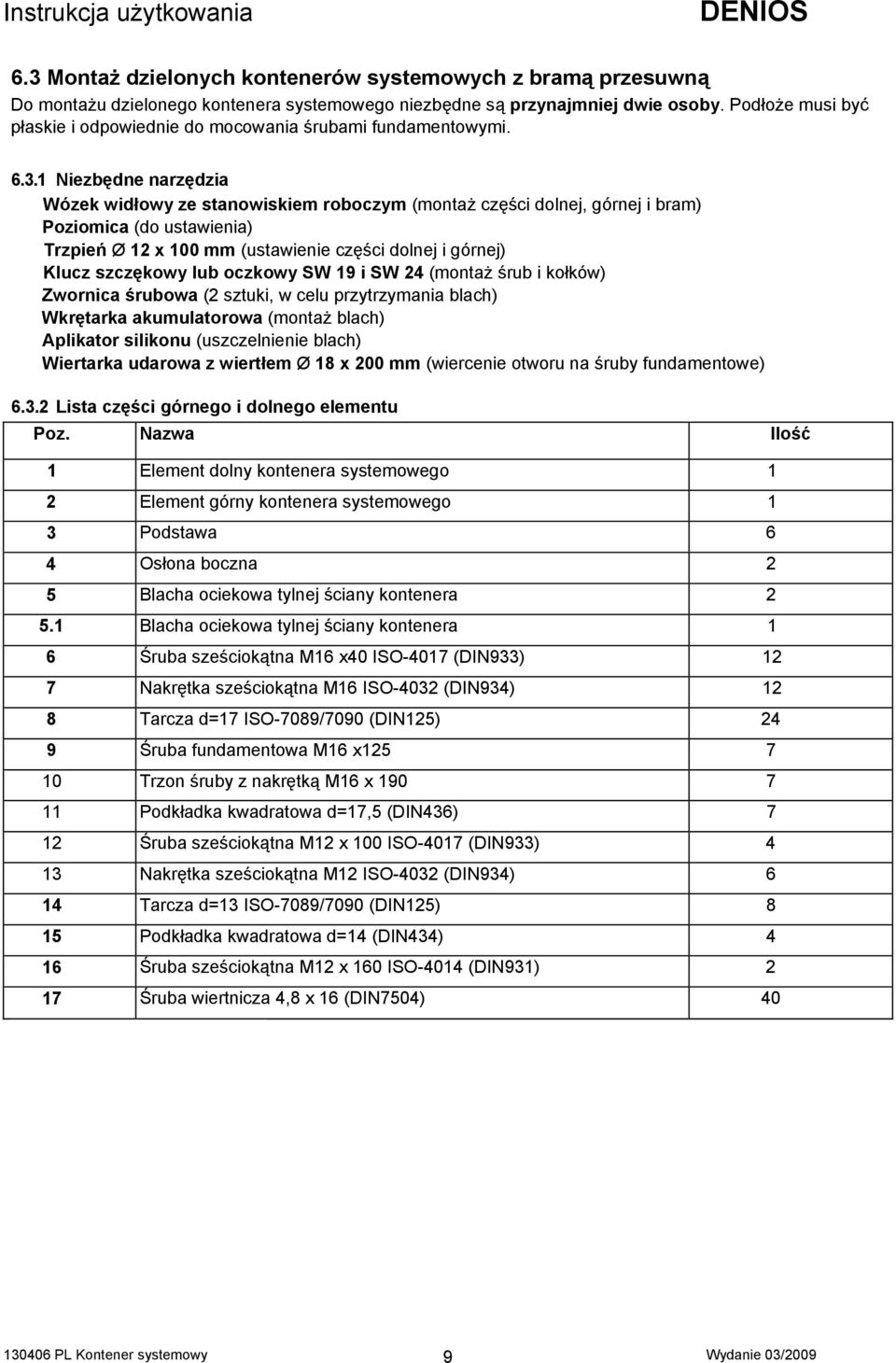 1 Niezbędne narzędzia Wózek widłowy ze stanowiskiem roboczym (montaż części dolnej, górnej i bram) Poziomica (do ustawienia) Trzpień Ø 12 x 100 mm (ustawienie części dolnej i górnej) Klucz szczękowy