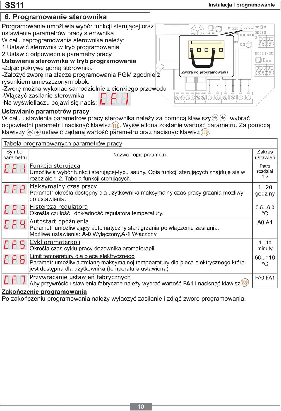 Ustawić odpowiednie parametry pracy Ustawienie sterownika w tryb programowania -Zdjąć pokrywę górną sterownika -Założyć zworę na złącze programowania PGM zgodnie z rysunkiem umieszczonym obok.