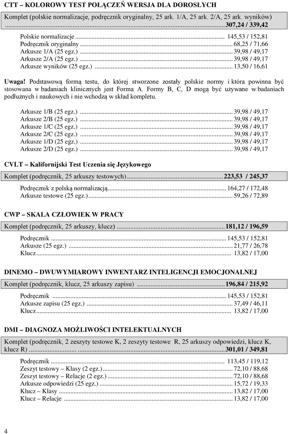 Podstawową formą testu, do której stworzone zostały polskie normy i która powinna być stosowana w badaniach klinicznych jest Forma A.