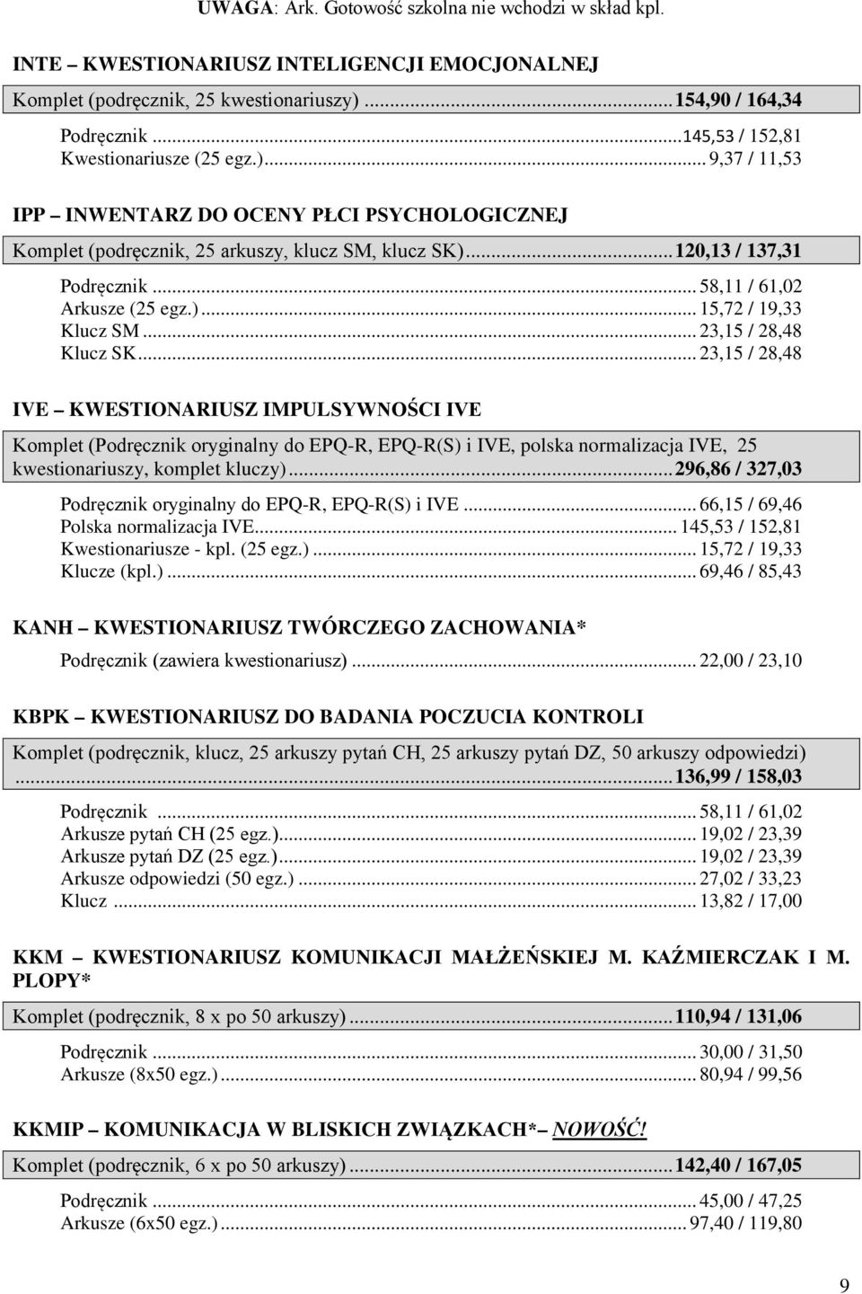 .. 58,11 / 61,02 Arkusze (25 egz.)... 15,72 / 19,33 Klucz SM... 23,15 / 28,48 Klucz SK.