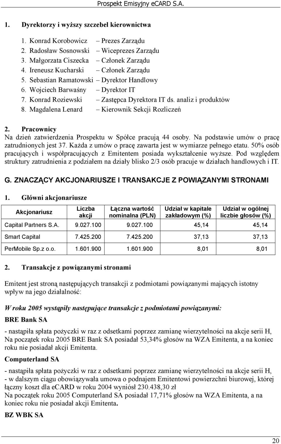 Magdalena Lenard Kierownik Sekcji Rozliczeń 2. Pracownicy Na dzień zatwierdzenia Prospektu w Spółce pracują 44 osoby. Na podstawie umów o pracę zatrudnionych jest 37.