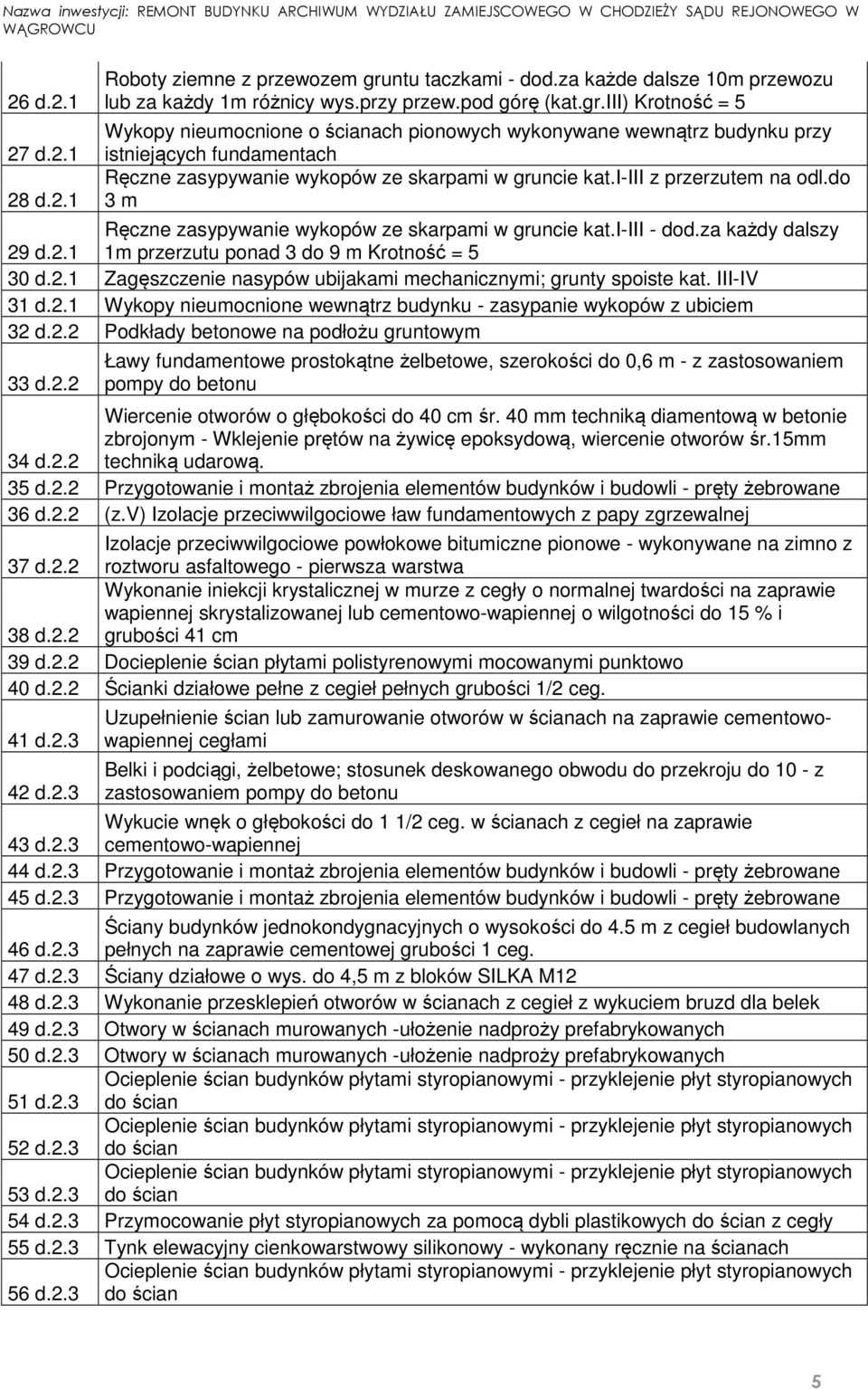 iii) Krotność = 5 Wykopy nieumocnione o ścianach pionowych wykonywane wewnątrz budynku przy istniejących fundamentach Ręczne zasypywanie wykopów ze skarpami w gruncie kat.i-iii z przerzutem na odl.