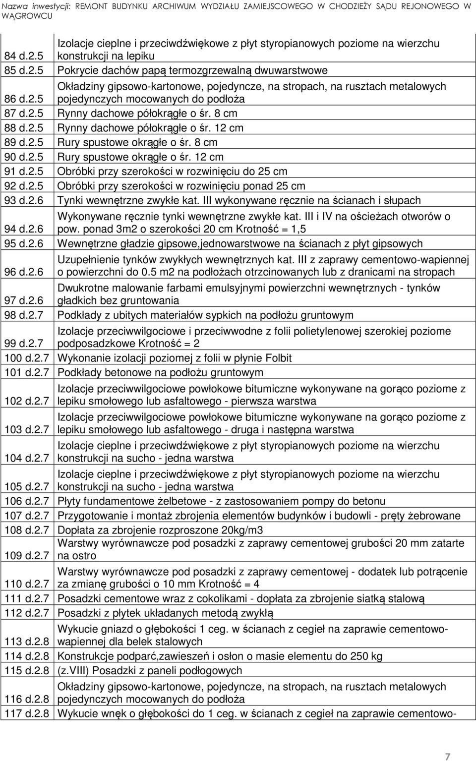 2.5 Rynny dachowe półokrągłe o śr. 8 cm 88 d.2.5 Rynny dachowe półokrągłe o śr. 12 cm 89 d.2.5 Rury spustowe okrągłe o śr. 8 cm 90 d.2.5 Rury spustowe okrągłe o śr. 12 cm 91 d.2.5 Obróbki przy szerokości w rozwinięciu do 25 cm 92 d.