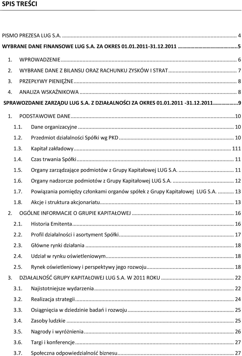 .. 10 1.3. Kapitał zakładowy... 111 1.4. Czas trwania Spółki... 11 1.5. Organy zarządzające podmiotów z Grupy Kapitałowej LUG S.A.... 11 1.6. Organy nadzorcze podmiotów z Grupy Kapitałowej LUG S.A.... 12 1.