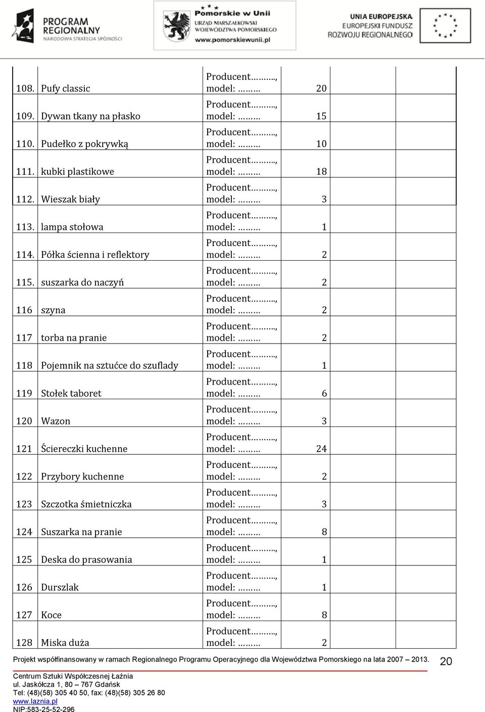 suszarka do naczyń 6 szyna 7 torba na pranie 8 Pojemnik na sztućce do szuflady 9 Stołek taboret 20 Wazon 2