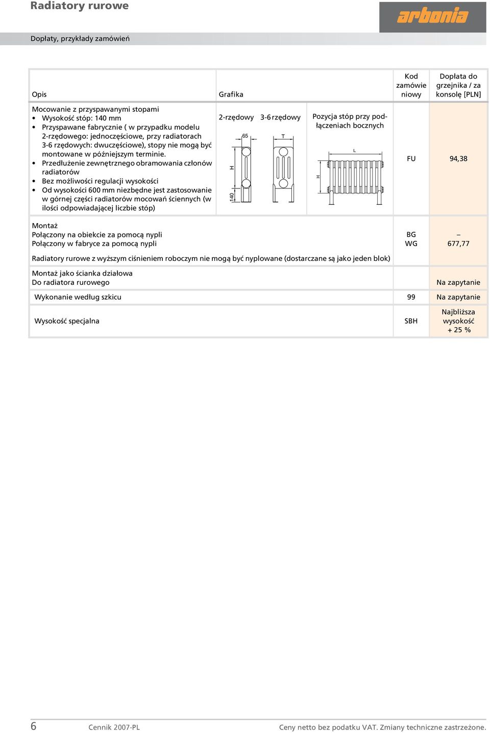 Przedłużenie zewnętrznego obramowania członów radiatorów Bez możliwości regulacji wysokości Od wysokości 600 mm niezbędne jest zastosowanie w górnej części radiatorów mocowań ściennych (w ilości