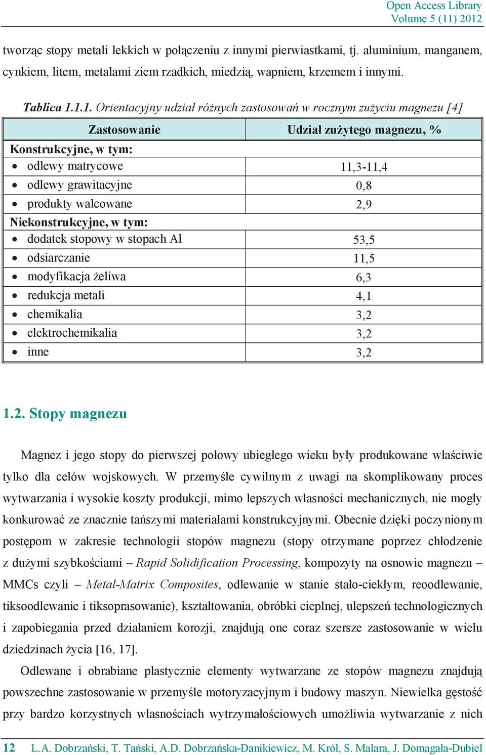 1.1. Orientacyjny udzia ró nych zastosowa w rocznym zu yciu magnezu [4] Zastosowanie Udzia zu ytego magnezu, % Konstrukcyjne, w tym: odlewy matrycowe 11,3-11,4 odlewy grawitacyjne 0,8 produkty