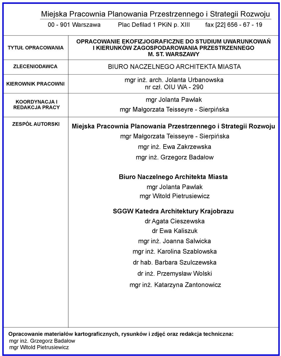 ZAGOSPODAROWANIA PRZESTRZENNEGO M. ST. WARSZAWY BIURO NACZELNEGO ARCHITEKTA MIASTA mgr in. arch. Jolanta Urbanowska nr cz.