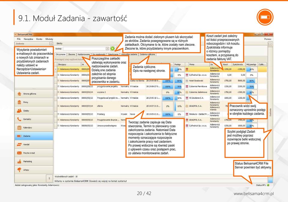 Zadania można dodać zielonym plusem lub skorzystać ze skrótów. Zadania posegregowane są w różnych zakładkach. Otrzymane to te, które zostały nam zlecone.