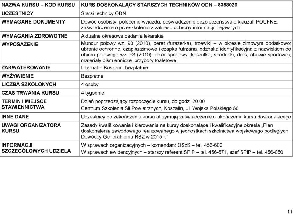 przeszkoleniu z zakresu ochrony informacji niejawnych ubioru polowego wz.