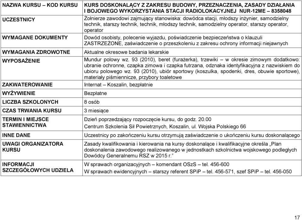 starszy operator, operator Dowód osobisty, polecenie wyjazdu, poświadczenie bezpieczeństwa o klauzuli ZASTRZEŻONE, zaświadczenie o przeszkoleniu z zakresu ochrony