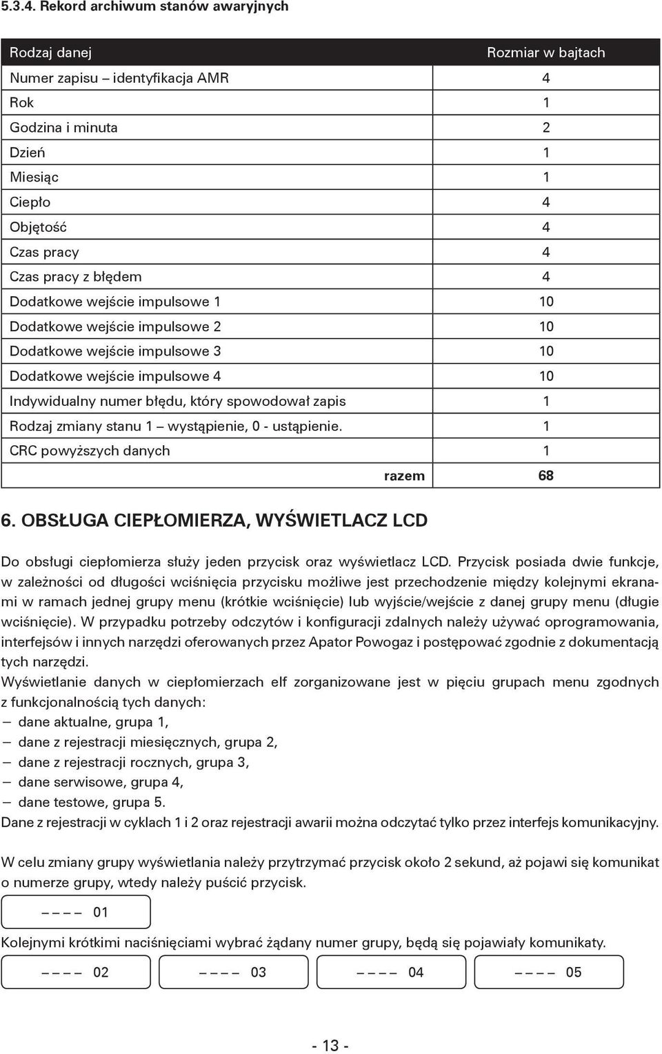 Dodatkowe wejście impulsowe 1 10 Dodatkowe wejście impulsowe 2 10 Dodatkowe wejście impulsowe 3 10 Dodatkowe wejście impulsowe 4 10 Indywidualny numer błędu, który spowodował zapis 1 Rodzaj zmiany