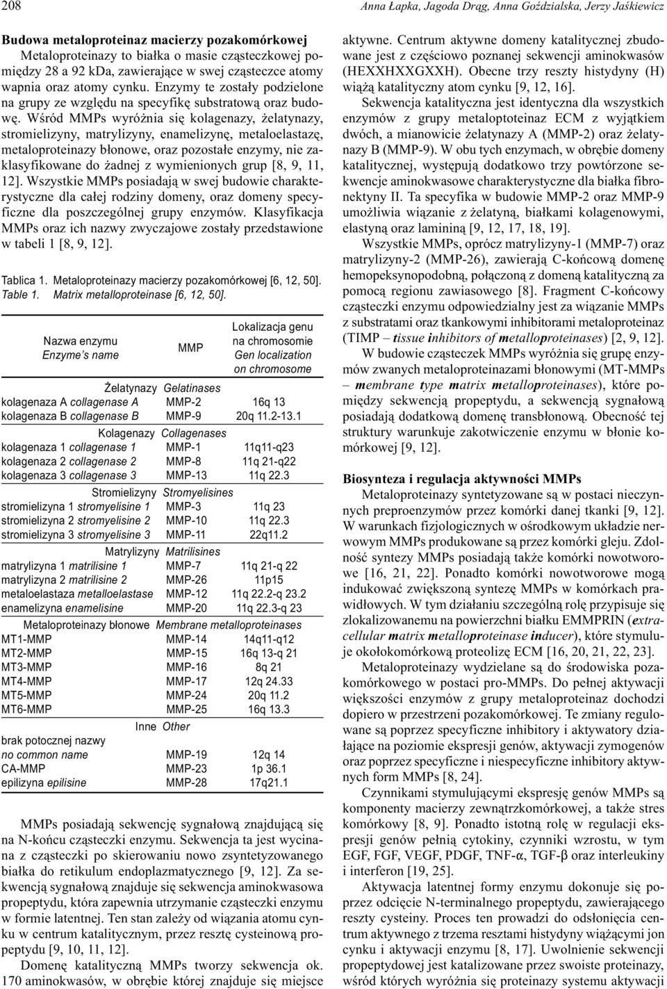 Wœród MMPs wyró nia siê kolagenazy, elatynazy, stromielizyny, matrylizyny, enamelizynê, metaloelastazê, metaloproteinazy b³onowe, oraz pozosta³e enzymy, nie zaklasyfikowane do adnej z wymienionych