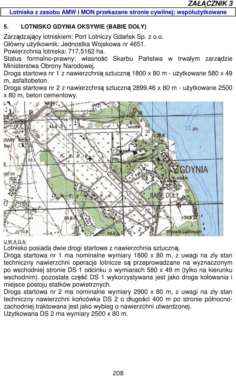 Droga startowa nr 2 z nawierzchnią sztuczną 2899,46 x 80 m - użytkowane 2500 x 80 m, beton cementowy. U W A G A: Lotnisko posiada dwie drogi startowe z nawierzchnia sztuczną.