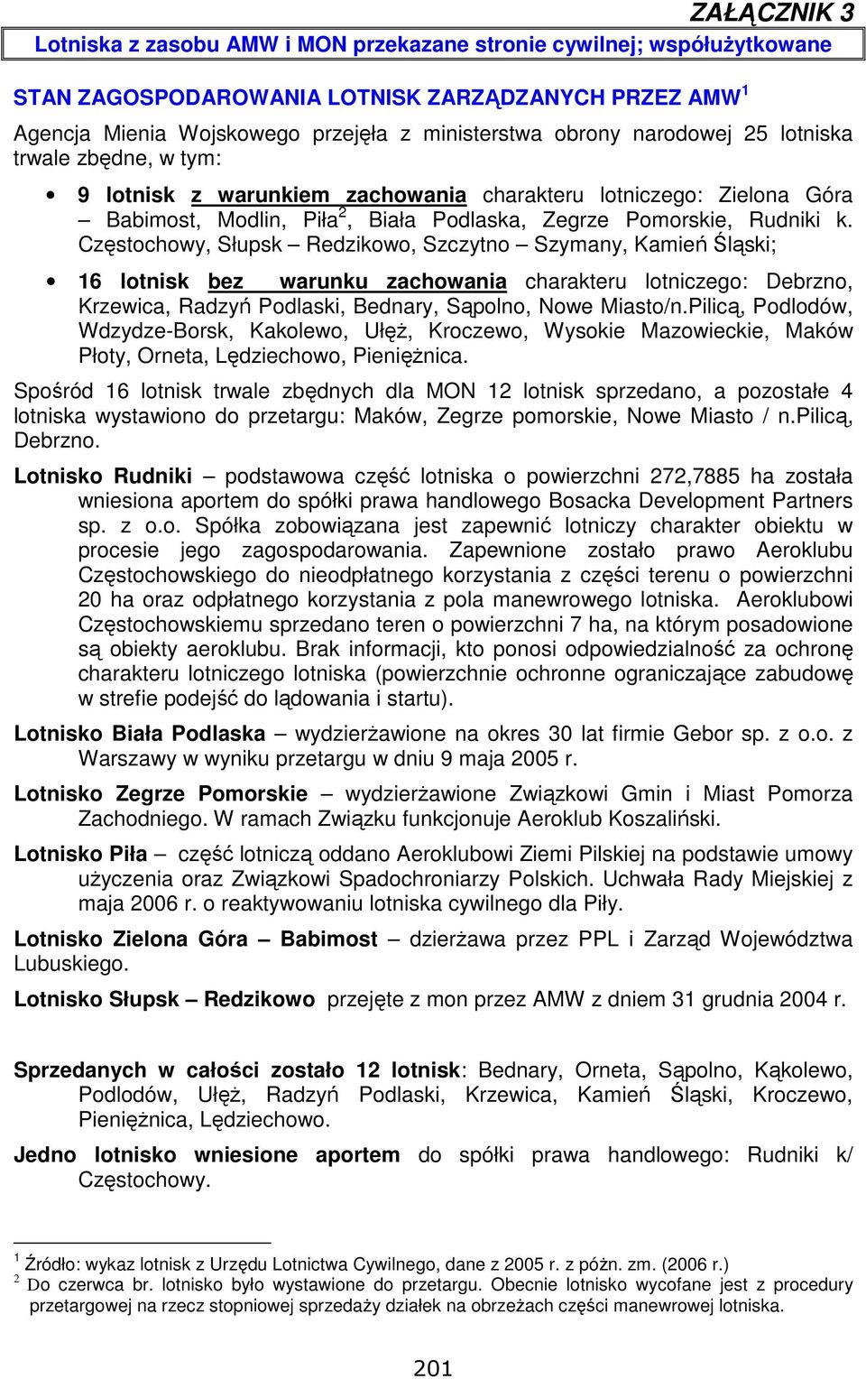 Częstochowy, Słupsk Redzikowo, Szczytno Szymany, Kamień Śląski; 16 lotnisk bez warunku zachowania charakteru lotniczego: Debrzno, Krzewica, Radzyń Podlaski, Bednary, Sąpolno, Nowe Miasto/n.