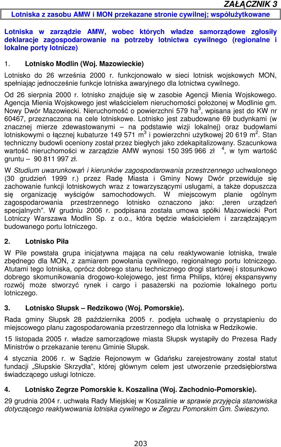 lotnisko znajduje się w zasobie Agencji Mienia Wojskowego. Agencja Mienia Wojskowego jest właścicielem nieruchomości położonej w Modlinie gm. Nowy Dwór Mazowiecki.