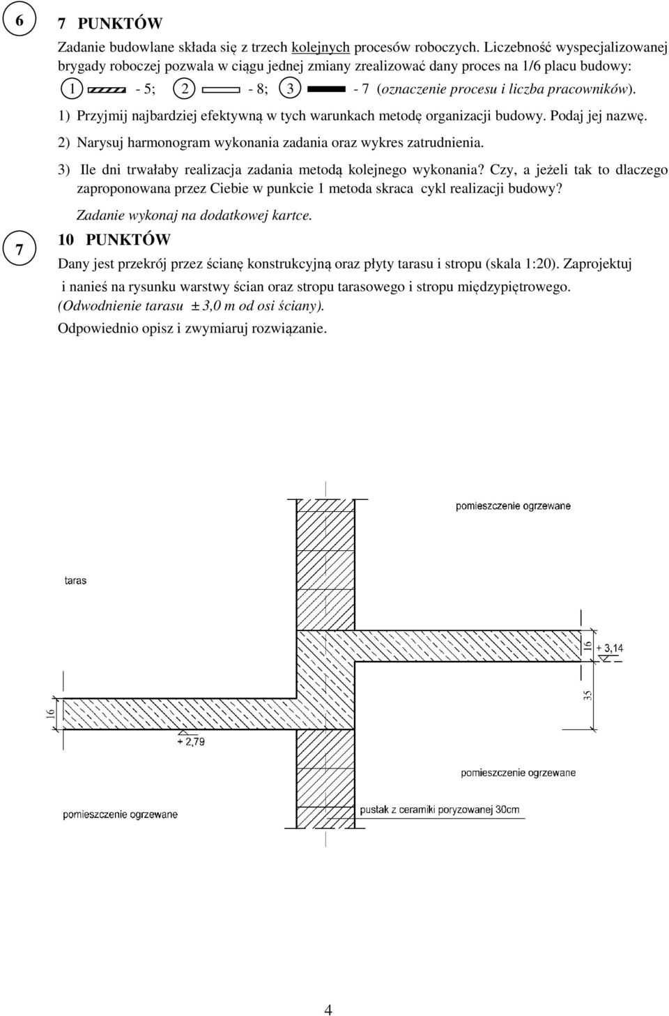 1) Przyjmij najbardziej efektywną w tych warunkach metodę organizacji budowy. Podaj jej nazwę. 2) Narysuj harmonogram wykonania zadania oraz wykres zatrudnienia.