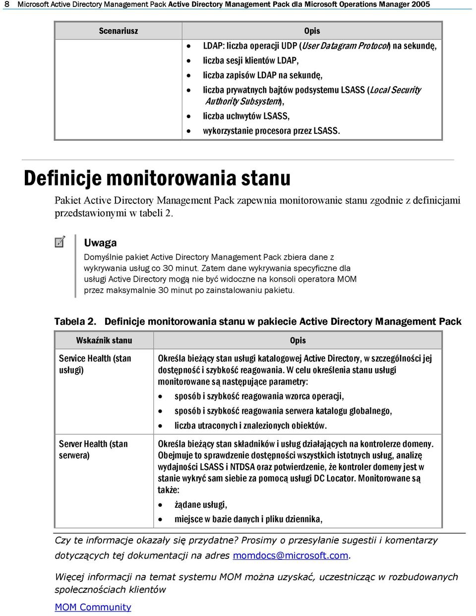 Definicje monitorowania stanu Pakiet Active Directory Management Pack zapewnia monitorowanie stanu zgodnie z definicjami przedstawionymi w tabeli 2.