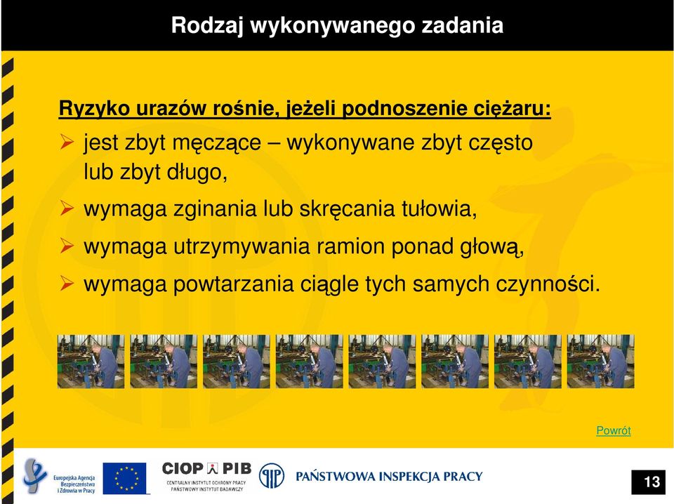 zbyt długo, wymaga zginania lub skręcania tułowia, wymaga