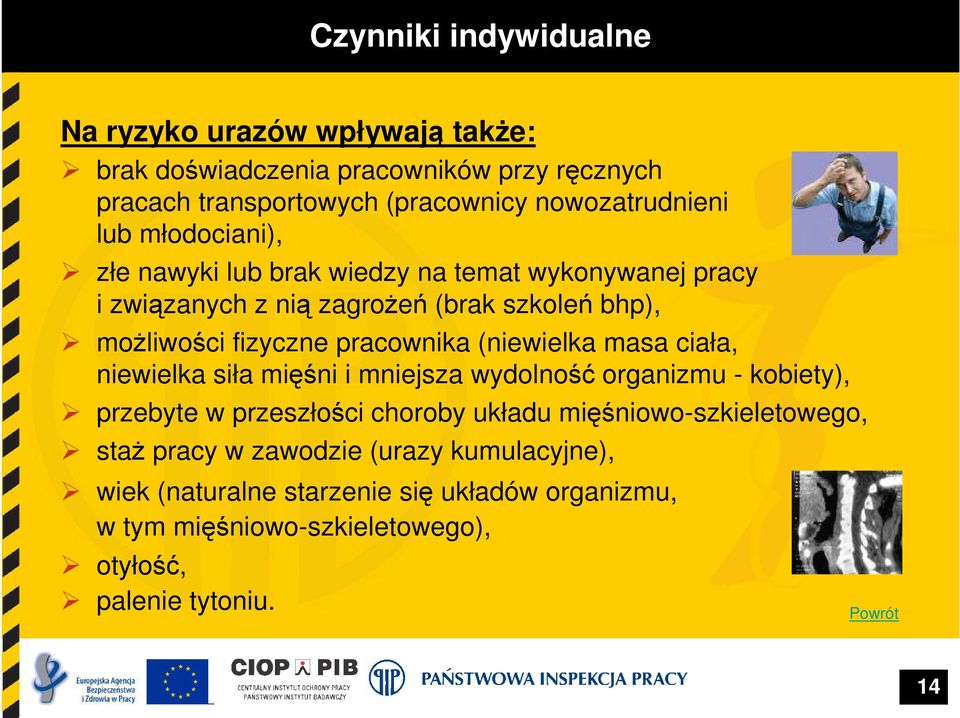 (niewielka masa ciała, niewielka siła mięśni i mniejsza wydolność organizmu - kobiety), przebyte w przeszłości choroby układu mięśniowo-szkieletowego,