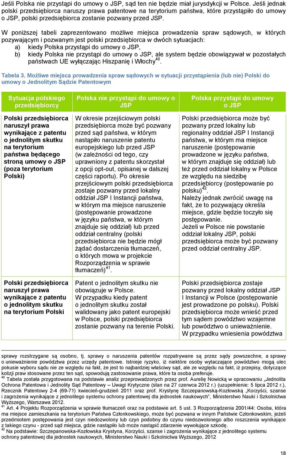 W poniższej tabeli zaprezentowano możliwe miejsca prowadzenia spraw sądowych, w których pozywającym i pozwanym jest polski przedsiębiorca w dwóch sytuacjach: a) kiedy Polska przystąpi do umowy o JSP,