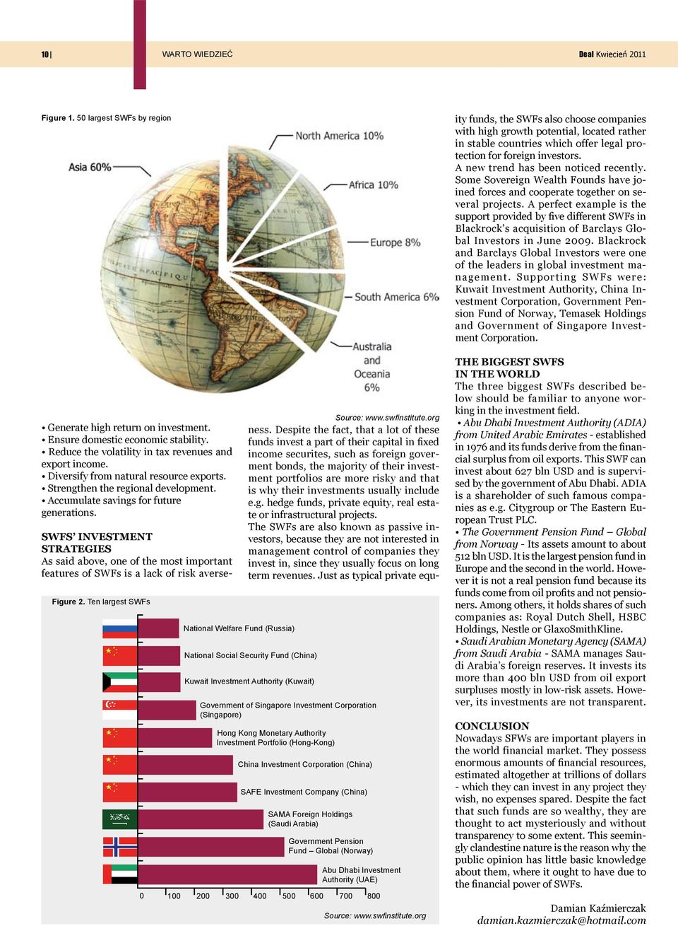 Ten largest SWFs National Welfare Fund (Russia) National Social Security Fund (China) Kuwait Investment Authority (Kuwait) Government of Singapore Investment Corporation (Singapore) Hong Kong