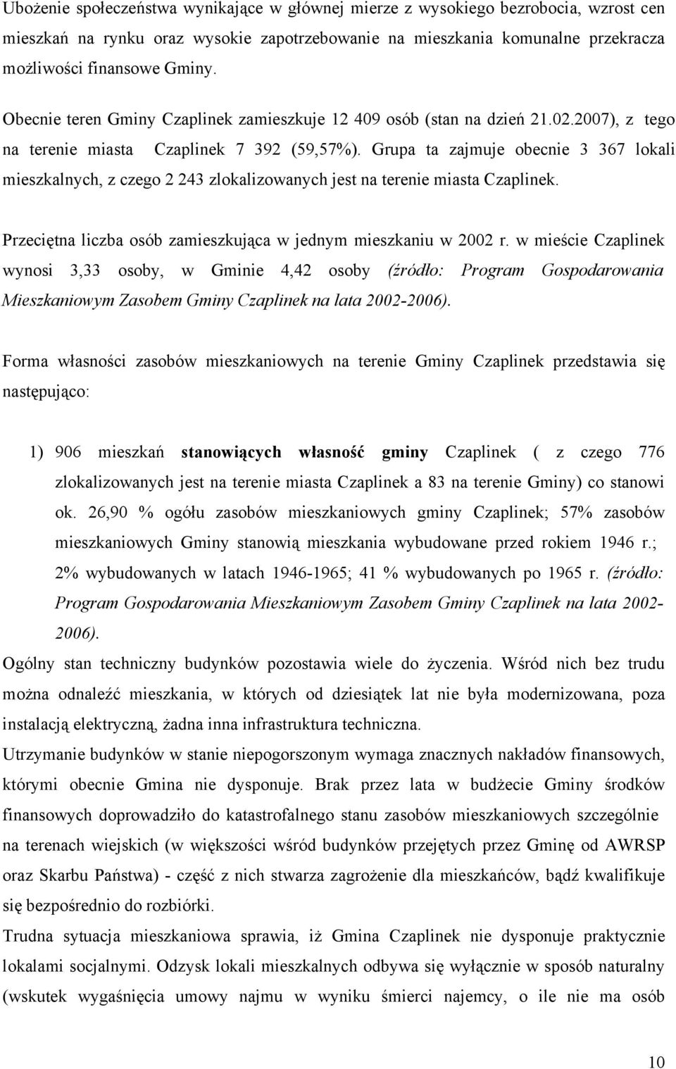 Grupa ta zajmuje obecnie 3 367 lokali mieszkalnych, z czego 2 243 zlokalizowanych jest na terenie miasta Czaplinek. Przeciętna liczba osób zamieszkująca w jednym mieszkaniu w 2002 r.